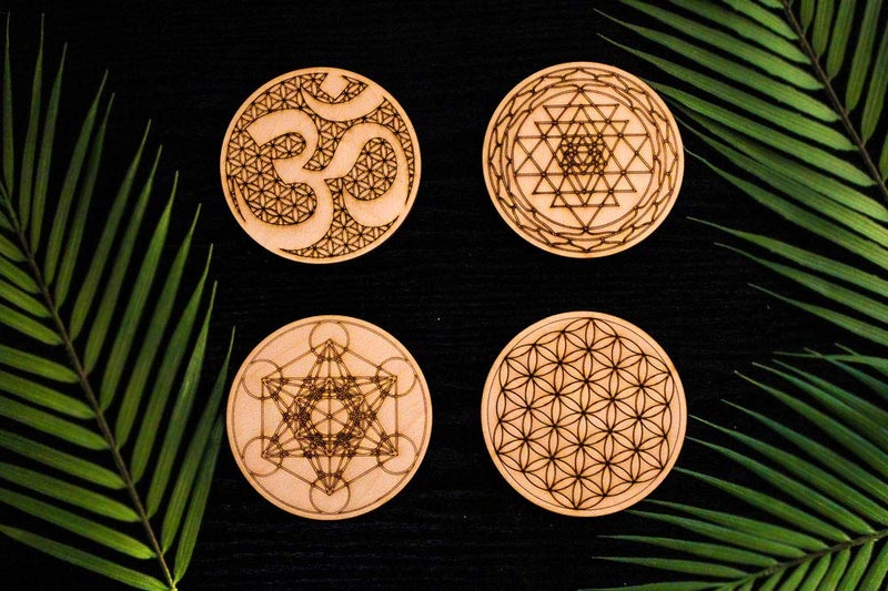 Fourth Level Manufacturing Sacred Geometry Coasters, One Set of Four Includes: 1 Metatrons Cube, 1 Sacred Om, 1 Sri Yantra, 1 Flower of Life, Drinks, Table Decorations for Hot and Cold Beverages, Protect Furniture - Image 2